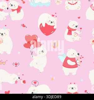 Orso in amore. San Valentino, romantico motivo senza cuciture con orsi polari cartoni animati con cuori. Animali innamorati, vettore di stampa in tessuto Illustrazione Vettoriale