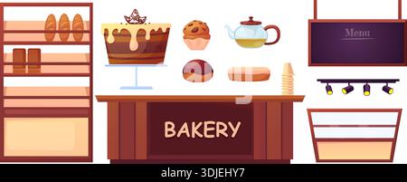 Mobili da forno. Banco del pane, banco cassiere in legno e vetrina per torte, biscotti e ciambelle. Teiera, lavagna, muffin dolce, set vettoriale di neve Illustrazione Vettoriale