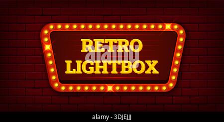 Scatola luminosa retrò. Cartello vintage con lampadine, cartellone per il cinema, il teatro, il casinò, il tendone di broadway, la cornice del cartello del teatro, sfondo in mattoni, illustrazione vettoriale, opere d'arte originali Illustrazione Vettoriale