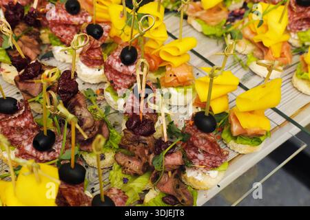 Antipasti gourmet esposti su un piatto, con una varietà di carni, formaggi e verdure, che mettono in risalto l'arte del catering per eventi e. Foto Stock