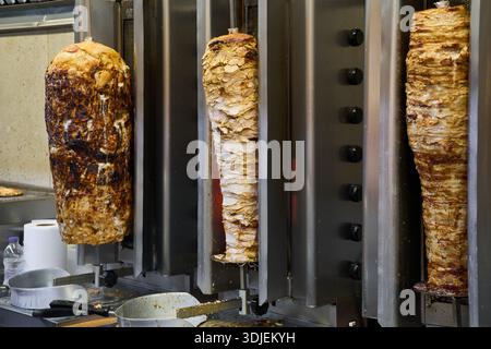 Supporto verticale per spiedini di kebab, in acciaio inox, appendibili, con manico, griglia verticale rimovibile, con 3 punte e 2 ganci per griglia per carne intera, pollo, pesce, salsiccia