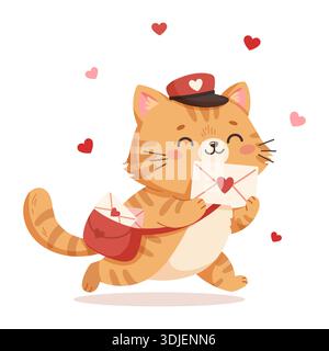 Il gattino cartoni animati Happy regala lettere cardiache con amore in un'illustrazione vettoriale brillante e giocosa Illustrazione Vettoriale