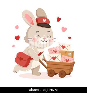 Illustrazione vettoriale di adorabile postino coniglio spinge un carrello pieno di lettere d'amore Illustrazione Vettoriale
