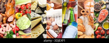 Un collage variegato con un vasto assortimento di prodotti alimentari comuni, tra cui vari tipi di carne, verdure fresche, formaggi assortiti, dispensa Foto Stock