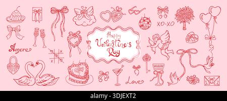 Scenografia pittoresca di San Valentino disegnata a mano in stile doodle coquette. Elementi femminili carini Cupido, cuori, fiocchi, nastri, torta, cocktail, ciliegie. Romanticismo vintage giocosa elegante linea art Illustrazione Vettoriale