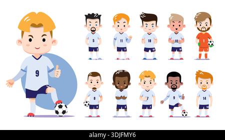 Diversi e simpatici giocatori di calcio chibi in uniforme bianca e blu in stile nazionale inglese. Illustrazione vettoriale piatta con giocatori diversi e portiere Illustrazione Vettoriale