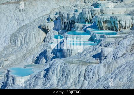 Le piscine Pamukkale sono acque di antiche sorgenti termali che si riversano lungo la collina e hanno formato terrazze di piscine a forma di conchiglia di ostriche, Pamukkale, Turchia Foto Stock