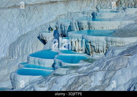 Le piscine Pamukkale sono acque di antiche sorgenti termali che si riversano lungo la collina e hanno formato terrazze di piscine a forma di conchiglia di ostriche, Pamukkale, Turchia Foto Stock