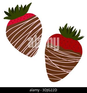 Illustrazioni vettoriali disegnate a mano di fragole immerse nel cioccolato al latte con strisce di cioccolato rosa Illustrazione Vettoriale
