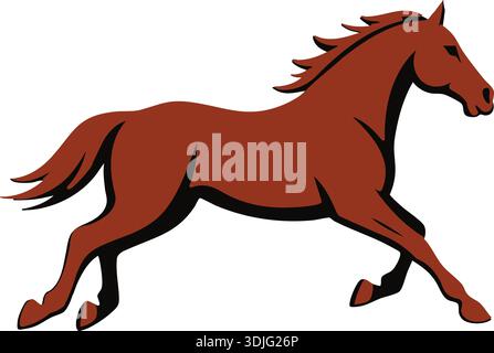 Illustrazione in stile cartone animato di un cavallo marrone che corre di profilo con criniera fluente Illustrazione Vettoriale