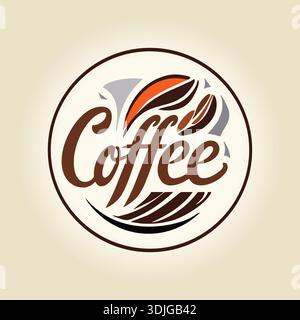 Design con logo Coffee con icona di fagioli e scritte a mano Illustrazione Vettoriale