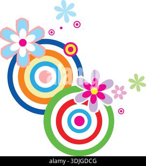 Vivaci cerchi floreali composizione con fiori colorati decorativi e moderno design artistico Illustrazione Vettoriale