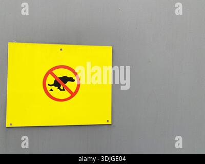Un cartello giallo vibrante di divieto montato su una parete grigia, che raffigura chiaramente un cane e un simbolo no, evidenziando le regole contro il cane che cammina e spreca ma Foto Stock