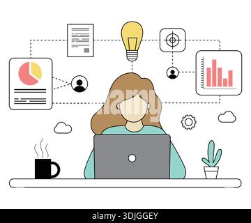 Donna professionista che lavora su un notebook con icone infografiche aziendali. Illustrazione Vettoriale