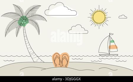Arte tropicale in riva alla spiaggia con palme, barca e sole. Illustrazione Vettoriale