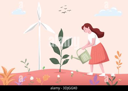 Donna che innaffia un impianto con sfondo di una turbina eolica. Illustrazione Vettoriale
