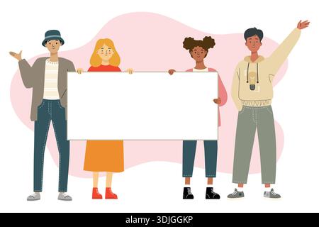 Gruppo eterogeneo di giovani che hanno in mano grandi striscioni vuote. Illustrazione Vettoriale