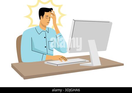 Uomo che si sente stressato sulla scrivania con il computer. Illustrazione Vettoriale