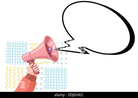 Mano che tiene in mano il megafono rosa con grande bolla ovale vuota. Illustrazione Vettoriale