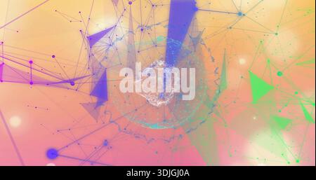 Gruppo di filamenti centrale a impulsi, mesh radiale luminosa nello spazio 3D, fascio viola verticale e nodi Foto Stock