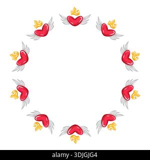 Cornice a corona del cuore realizzata con cuori alati rossi con fiamme dorate. Bordo circolare romantico vettoriale Illustrazione Vettoriale