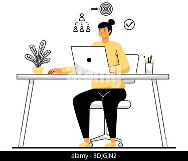 Donna che gestisce gli obiettivi e le attività aziendali sul proprio notebook. Illustrazione Vettoriale