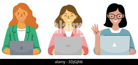 Gruppo eterogeneo di donne che lavorano e sorridono con i notebook. Illustrazione Vettoriale