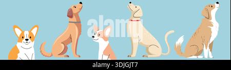 Cinque diverse razze di cani seduti e che guardano insieme. Illustrazione Vettoriale