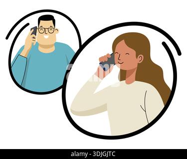 Uomo e donna che parlano in cerchio al telefono. Illustrazione Vettoriale