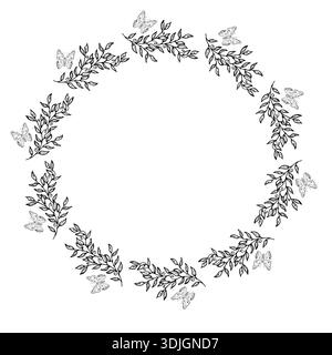 Farfalle sui rami a molla, telaio rotondo. Illustrazione vettoriale. Insetti volanti in una corona floreale, isolati su uno sfondo bianco. Adatto per palo Illustrazione Vettoriale