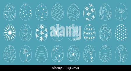 Grande set di uova di Pasqua. Uova decorate con motivi di fiori, erbe, cuori, stelle, punti e linee. Illustrazioni bianche di ellissi Illustrazione Vettoriale