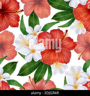 Motivo tropicale senza cuciture acquerello con ibisco rosso e fiori plumeria bianchi, foglie verdi su sfondo bianco, ideale per tessuti, carta da parati, involucri, cartoleria e design floreale estivo. Foto Stock