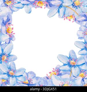 Una delicata illustrazione quadrata ad acquerello con una corona di fiori di epatica blu. La disposizione floreale è isolata su sfondo bianco per gli spri Foto Stock