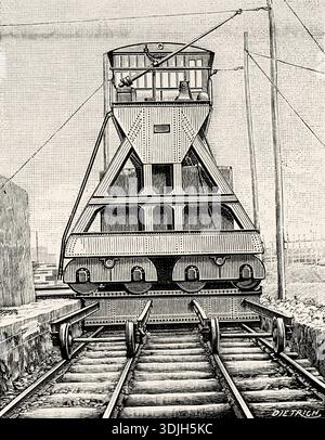 Cantiere del porto di Bilbao. Vista laterale della gru dopo aver appena posizionato un blocco sul carrello mobile. Spagna. Vecchia illustrazione incisa del XIX secolo da la Nature 1893 Foto Stock