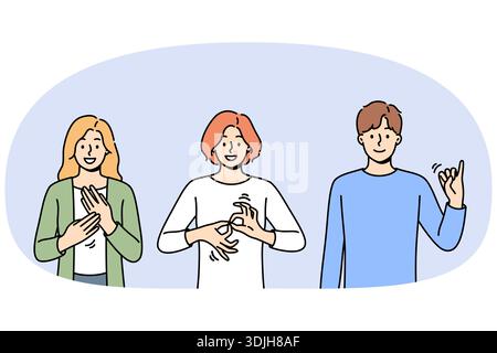 Le persone sorde e muti usano il linguaggio dei segni per comunicare facendo gesti diversi. Guy e due ragazze stanno imparando il linguaggio dei segni per essere in grado di comunicare con esseri umani con disabilità Illustrazione Vettoriale