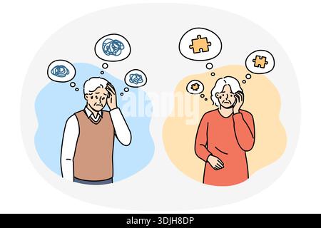 Problema di alzheimer e demenza nelle persone anziane che sperimentano perdita di memoria o caos nella testa. Gli uomini e le donne anziani hanno bisogno di cure a causa della malattia di alzheimer causata da malattie legate all'età. Illustrazione Vettoriale