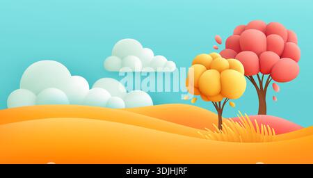 Sfondo con illustrazione vettoriale caratterizzato da sagome ad albero colorate e cielo nuvoloso morbido in Uno stile artistico minimalista con tavolozza morbida e forme astratte Illustrazione Vettoriale