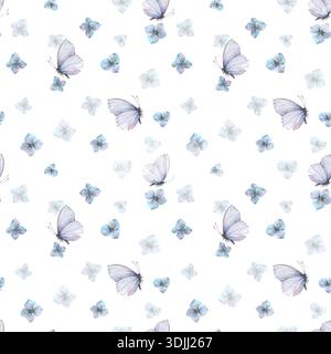 Un motivo senza cuciture con farfalle e ortensie blu e fiori "dimentica il mio non ricordo" per le vacanze primaverili. Illustrazione ad acquerello dipinta a mano per Foto Stock