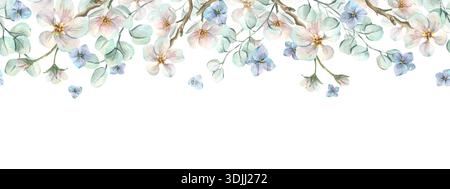 Illustrazione ad acquerello dei fiori di mele e delle foglie di eucalipto. Tracciato a mano con bordi senza cuciture. Delicati petali rosa per un biglietto d'auguri, mamma Foto Stock