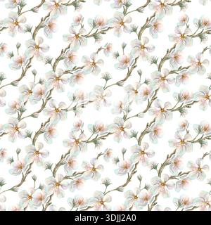 Rami di meli in fiore, dipinti ad acquerello. Questo motivo primaverile senza cuciture, basato su un'illustrazione botanica disegnata a mano, è perfetto per la primavera Foto Stock