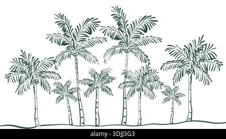 Paesaggio in stile Doodle con palme tropicali. Questi semplici disegni a linea a colori sono perfetti per i progetti estivi a tema e per la spiaggia Illustrazione Vettoriale