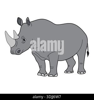 Illustrazione cartoni animati di rinoceronte grigio in piedi nella vista laterale, disegno dettagliato di animali selvatici con grande corno isolato su sfondo chiaro. Illustrazione Vettoriale
