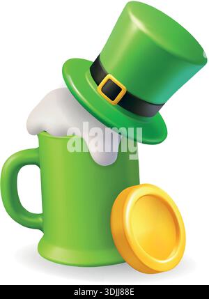 Tazza di birra verde con cappello di leprechaun e moneta d'oro. Icona 3D del drink festivo di San Patrizio su sfondo bianco Illustrazione Vettoriale