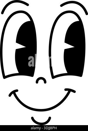 Il volto dei cartoni animati con gli occhi dei fumetti scintillanti e il sorriso rotondo. Felice faccia retrò emoji Illustrazione Vettoriale