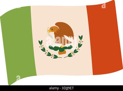 Bandiera messicana con aquila e cactus. Illustrazione vettoriale a ondulazione piatta per uso patriottico, di viaggio o didattico Illustrazione Vettoriale