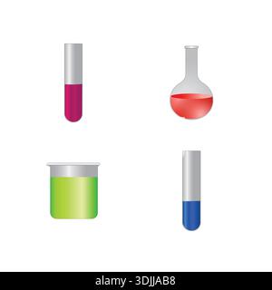 Illustrazione a colori della vetreria da laboratorio con provette per analisi, becher e pallone a fondo sferico contenente liquidi rossi, verdi, blu e rosa. Illustrazione Vettoriale