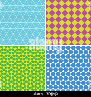 Set di quattro colorate fantasie geometriche senza cuciture con triangoli, diamanti e forme astratte in sfondi blu, rosa, verde e giallo. Illustrazione Vettoriale