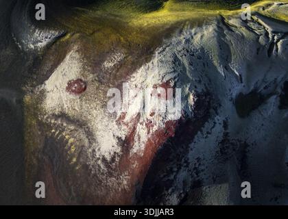Vista aerea di un paesaggio surreale dipinto con tratti di giallo, bianco e rosso, creando una vista ultraterrena, Myvatn, Þingeyjarsveit, Islanda. Foto Stock