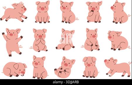 Set di simpatici maialini rosa. Collezione di personaggi vettoriali di maiali cartoni animati per disegni di fattorie, libri per bambini e illustrazioni di vivai Illustrazione Vettoriale
