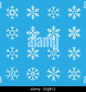 Set di 16 fiocchi di neve bianchi su sfondo blu. Elegante collezione invernale per le illustrazioni natalizie e natalizie Illustrazione Vettoriale